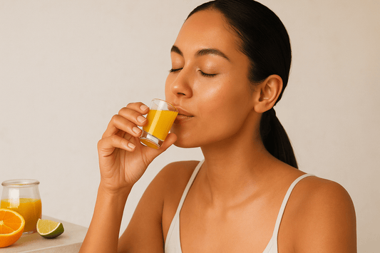 woman drinking vitamin c turmeric ginger orange wellness shot