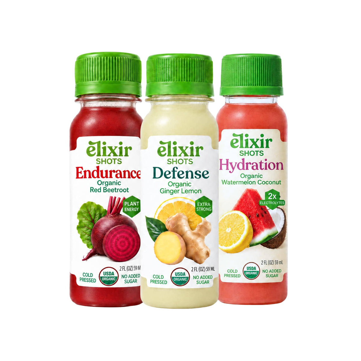 Elixir Shots Wellness Shots 12 Pack Endurance + 12 Pack Defense + 12 Pack Hydration Train + Recover