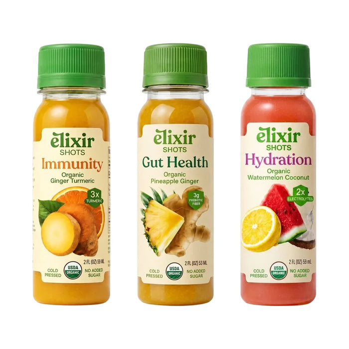 Elixir Shots Wellness Shots 12 Pack Immunity + 12 Pack Hydration + 12 Pack Gut Health The Starter Bundle